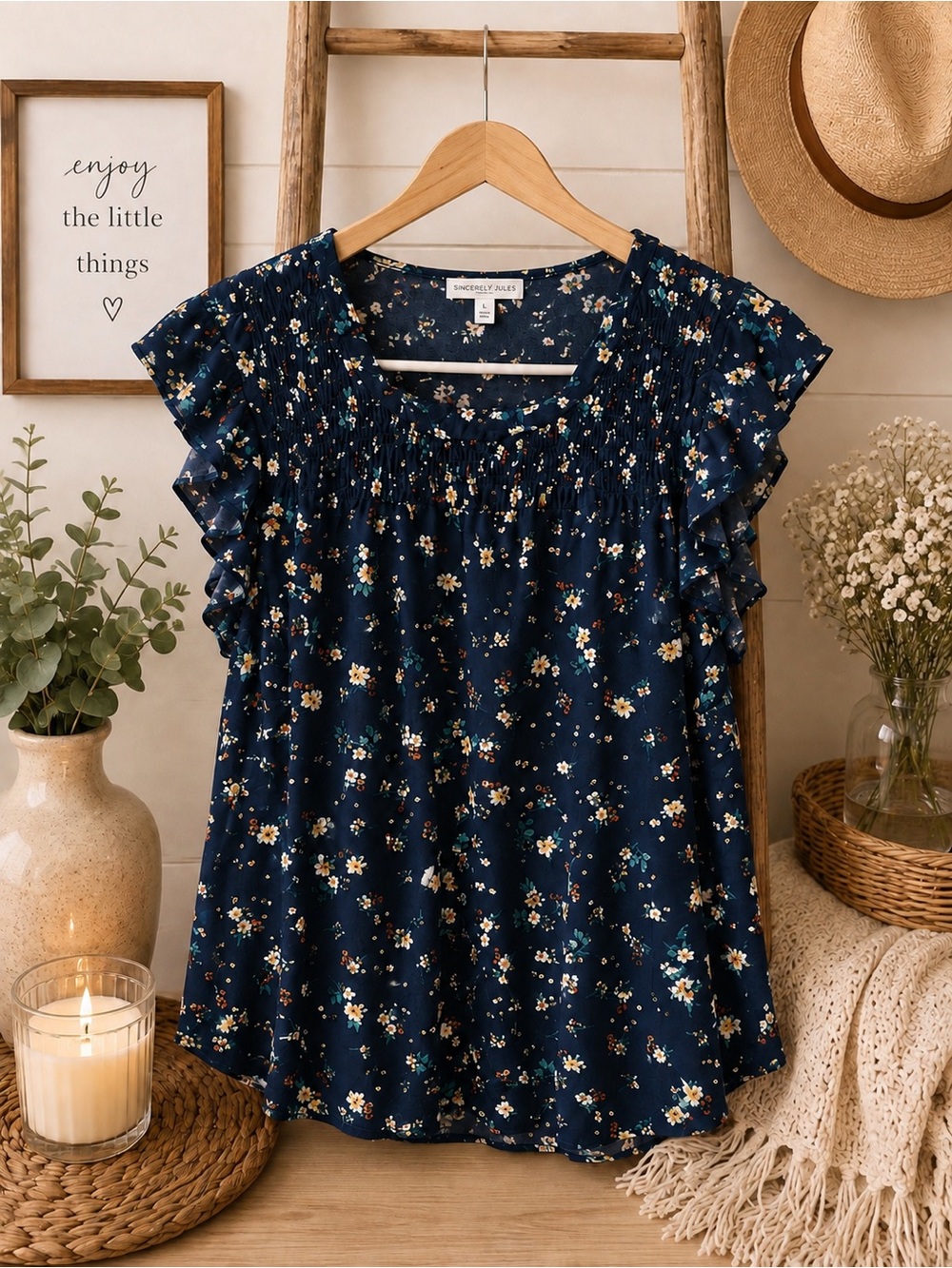 Old Navy Green Floral Smocked Flutter Sleeve Blouse
